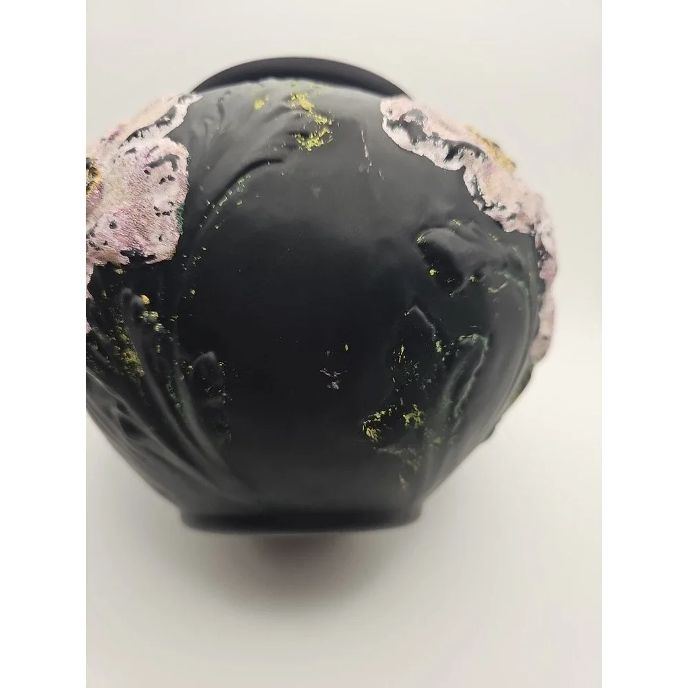 Antique Tiffin Coralene Embossed Handpainted Poppy Vase Black Satin On Amethyst